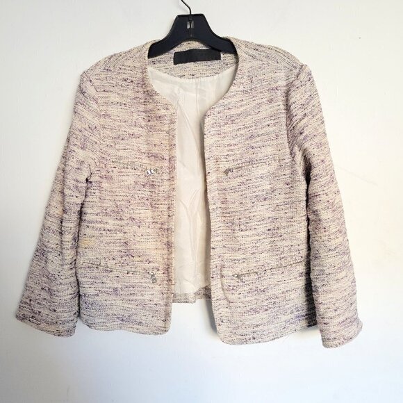 Jenni Kayne Cotton Silk Cropped Blazer Tweed Zipper Pocket Open Front Jacket XS - Picture 1 of 12